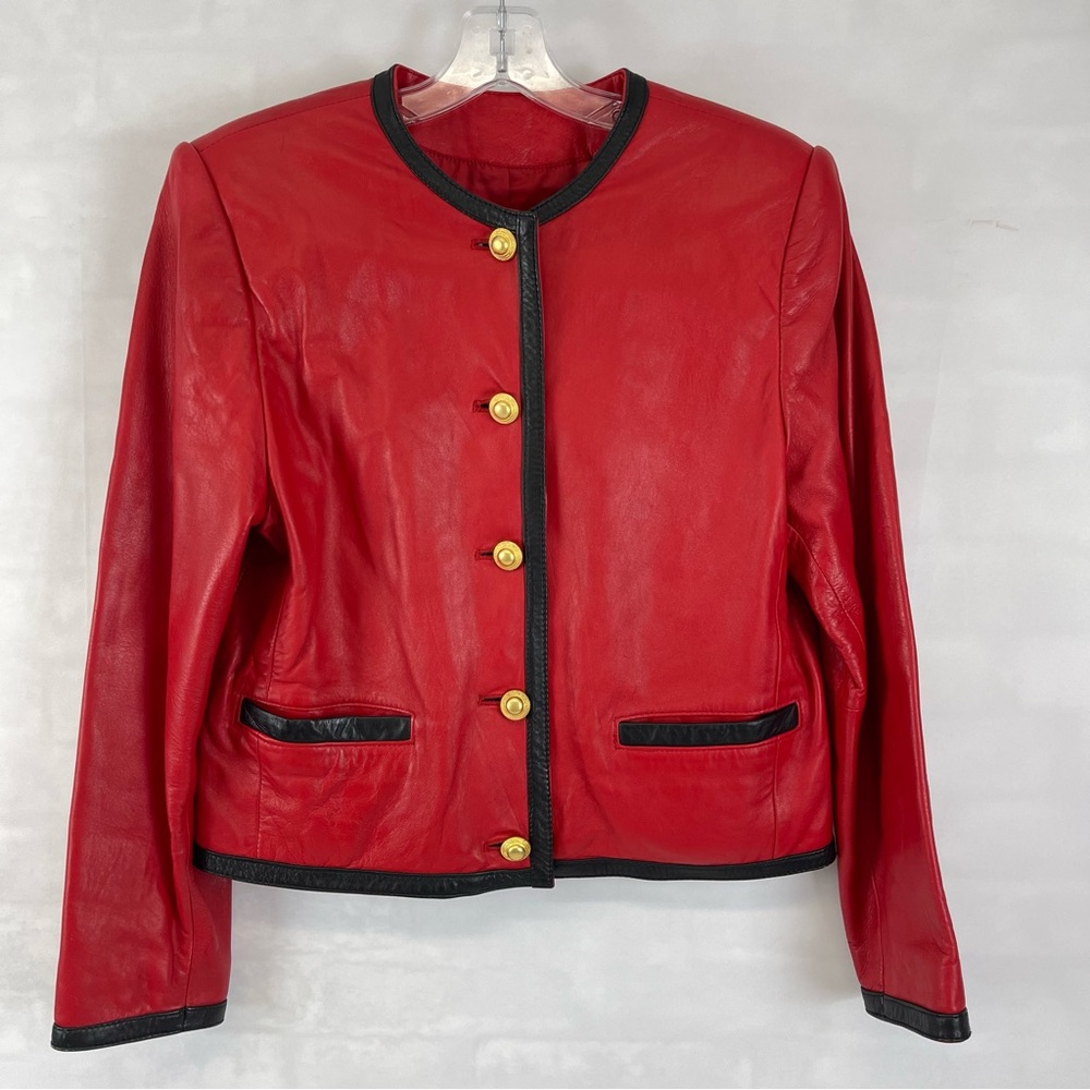 Vintage Lord &‎ Taylor Petites Red Lambskin Jacket Women’s Sz 6 Gold Button